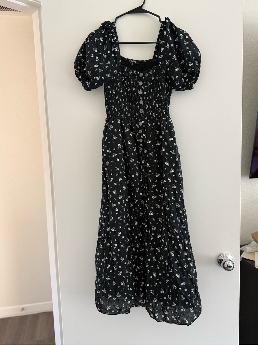 Madewell Black Maxi Dress with White Floral Print and Puff Sleeves
